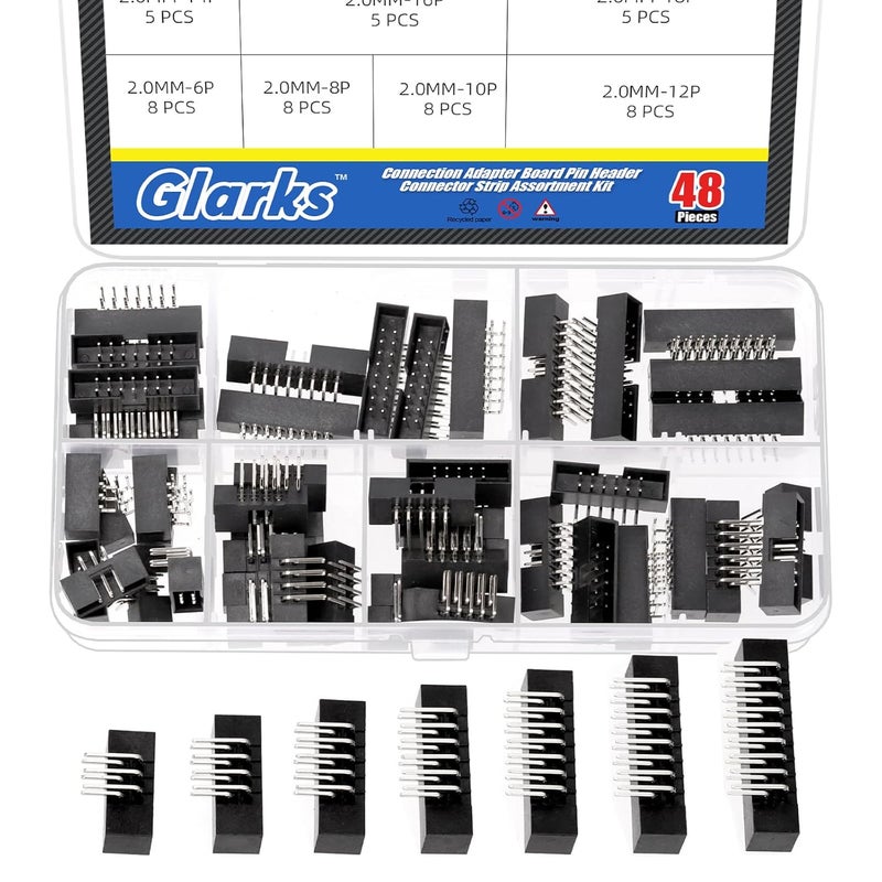Glarks 47pcs 6/8/10/12/14/16/18Pin 2mm Pitch Dual Row Right Angle Box Header Kit, 7 Sizes IDC Socket Connector, IDC Box Headers, Dual Pin Box Headers for PCB Electronic Equipment Projects - Image 1